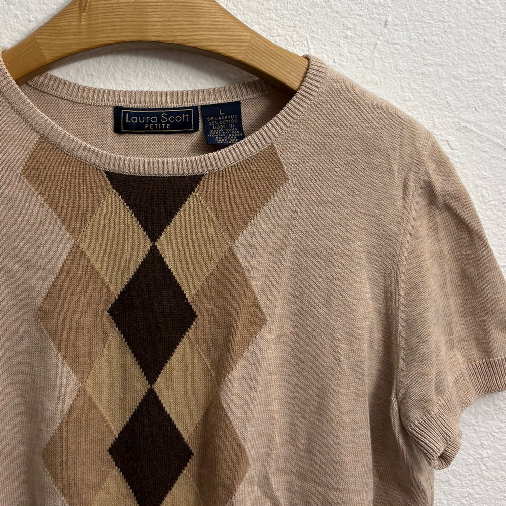 Laura Scott Argyle Short-Sleeve Knit Sweater Tan size Petite large